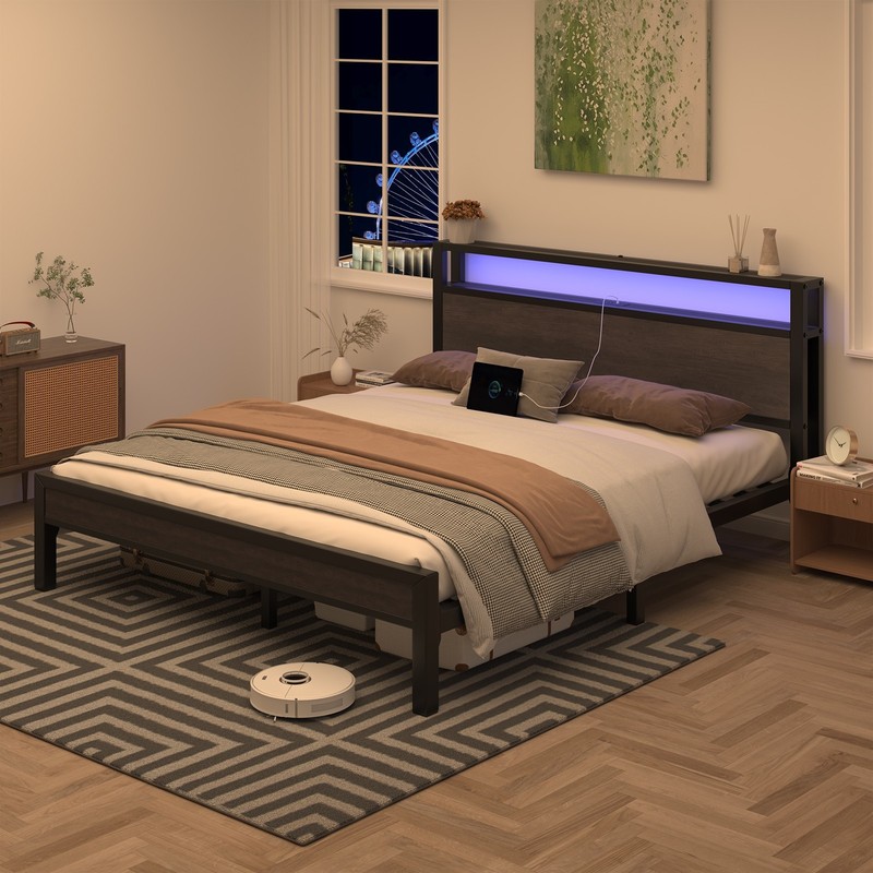 Full/Queen/King Size Bed Frame with LED Lights Headboard and 2-Tier Storage gallery