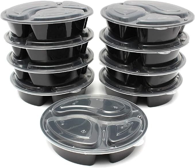 Meal Prep 48 oz Three Compartment Food Containers with Lids 10 Pack Black Round gallery