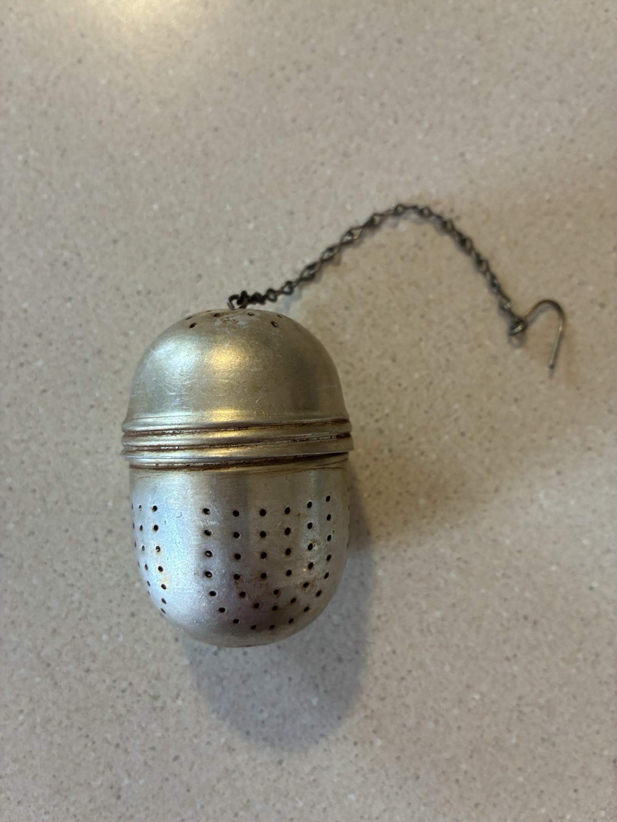 Vintage 2" Two Piece Aluminum Tea Strainer Infuser Steeper With Hook and Chain gallery