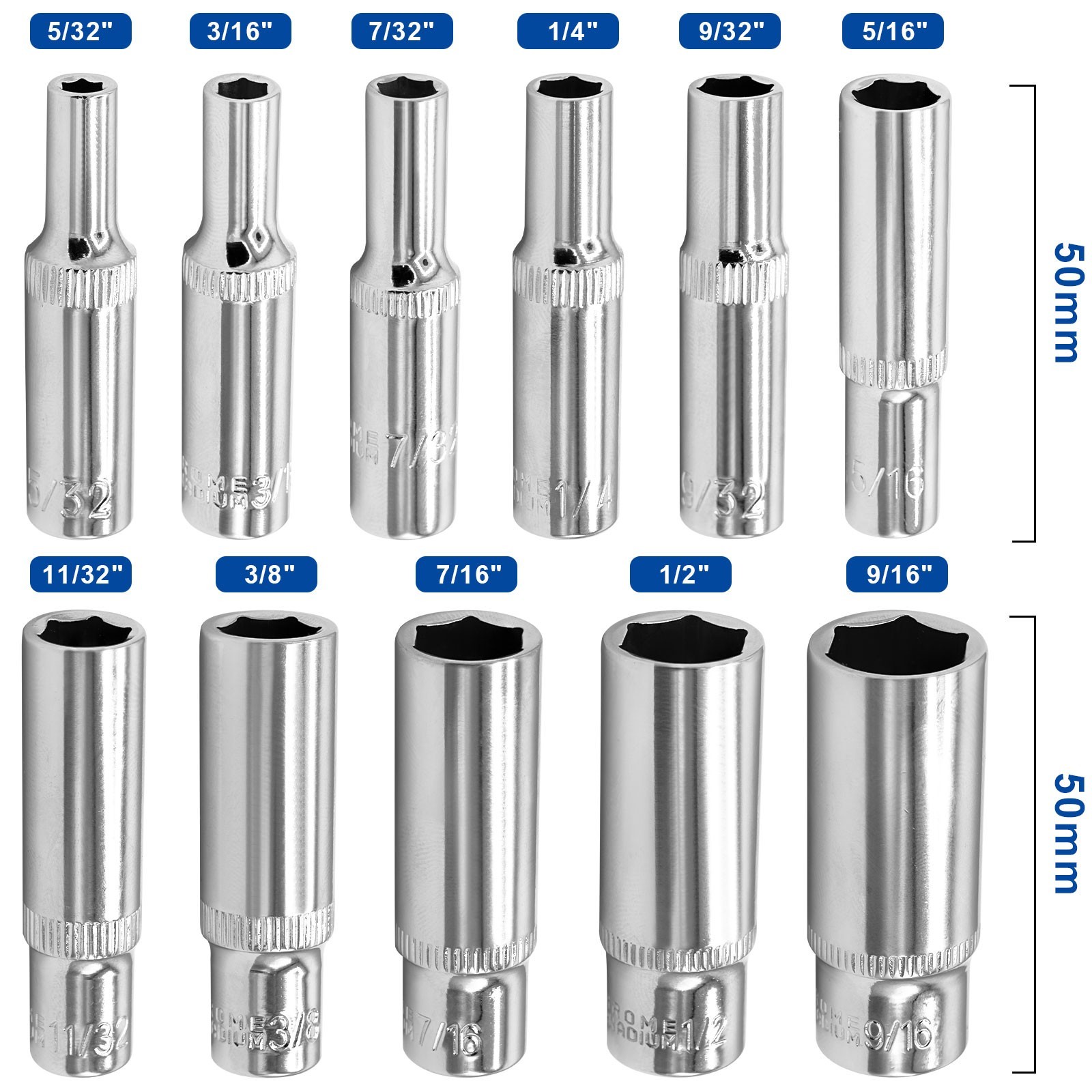 DAKCOS 11 Piece 1/4-Inch Drive SAE Deep Socket Set, 6-point, 5/32-9/16 Inch gallery