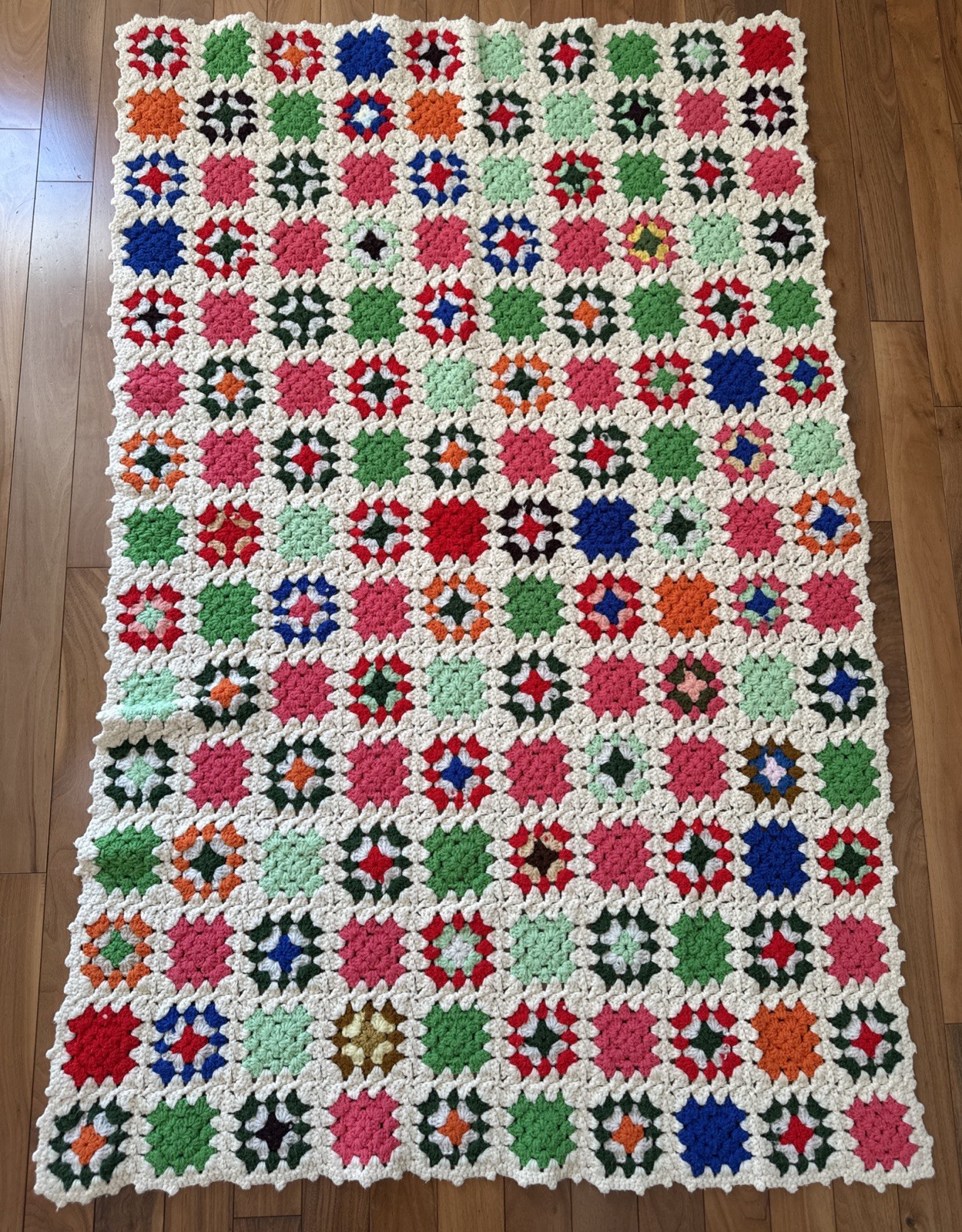 Vintage Handmade Crochet Granny Square Afghan Blanket 40”x60” Multicolor 1970s gallery