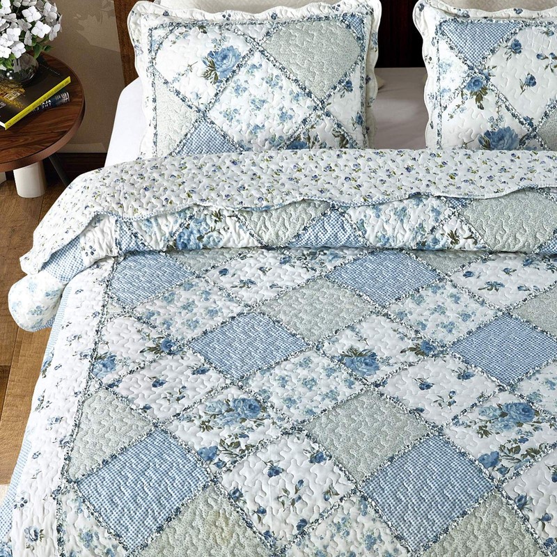 Blue Floral Patchwork Quilt Set, Full Queen Size, 3 Piece Bedding Set with 2 ... gallery