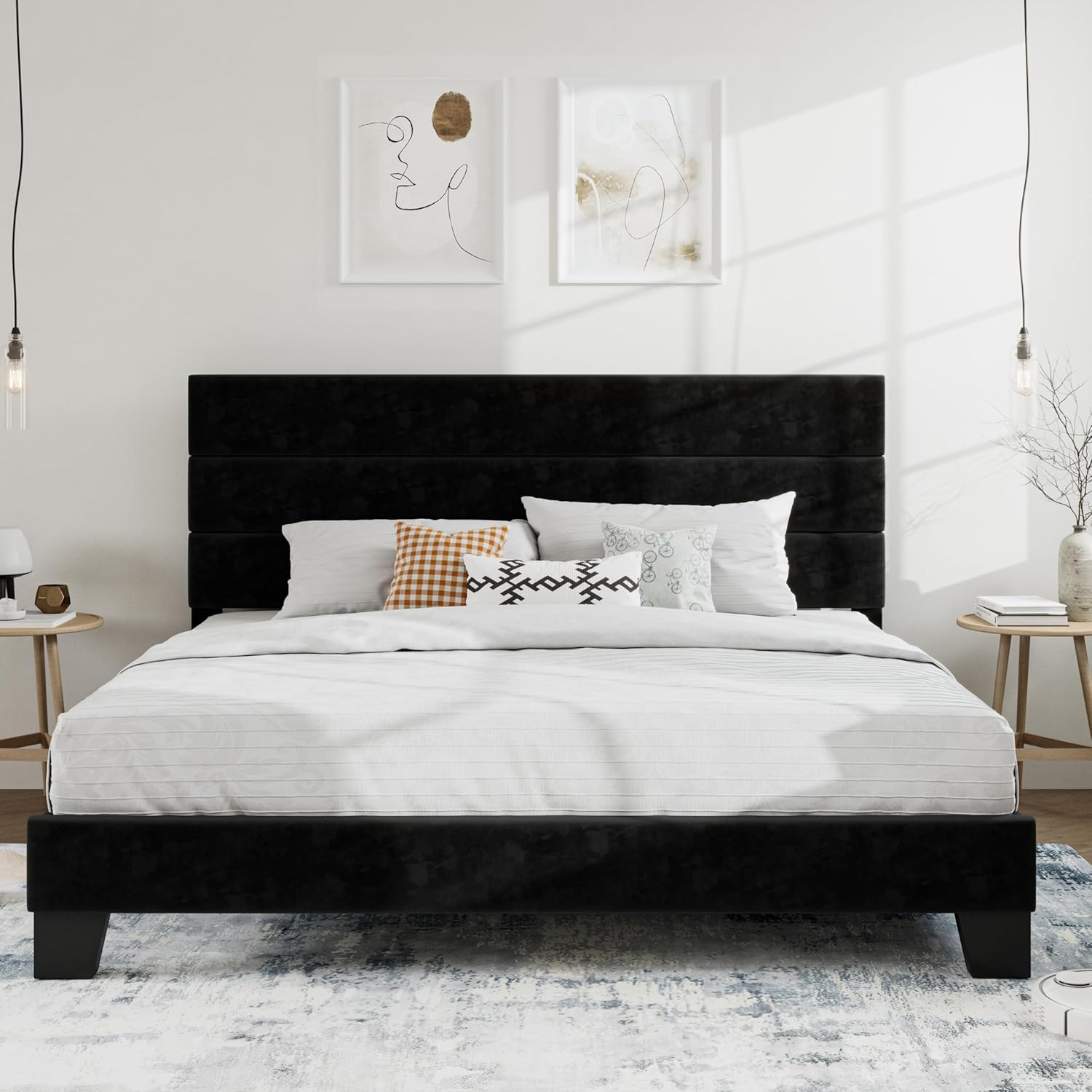 SHA CERLIN King Platform Bed Frame with Velvet Upholstered Headboard, Mattress F gallery