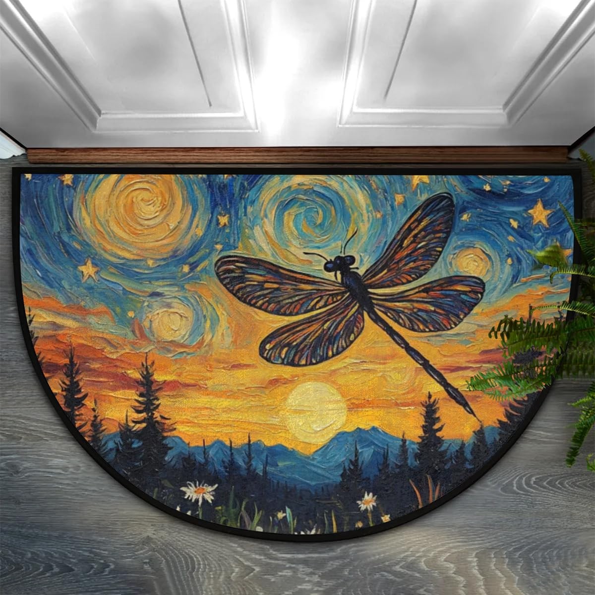 Half Round Door Mat, Starry Night Dragonfly Half Circle Rug for Home Decor Fl... gallery