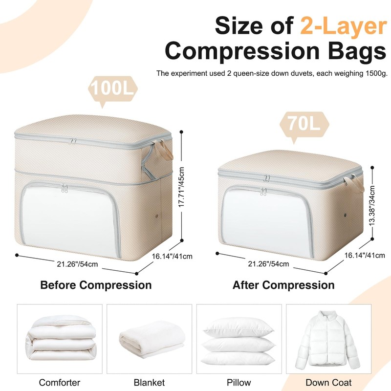 1 Pack 100L Large Capacity Blanket Comforter Storage Bag Front Opening Beige gallery