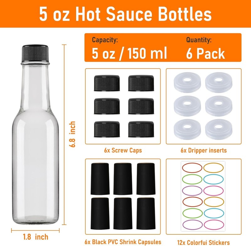 5 oz Hot Sauce Bottles 6 Pack, Empty Pepper Sauce Bottle, Clear Glass Woozy gallery