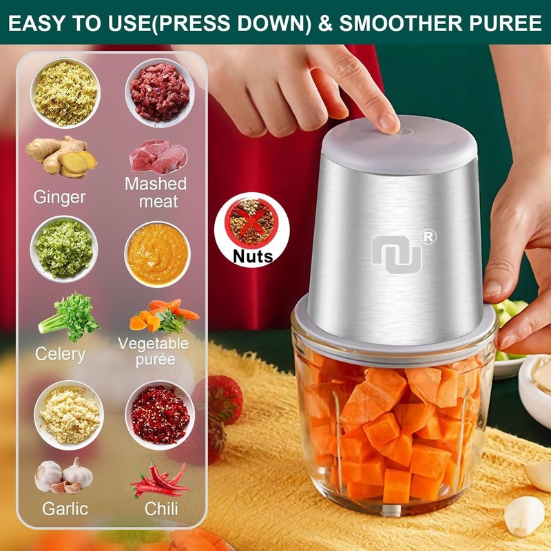 Nunet Rechargeable Cordless Food Processor Chopper 2 Glass Bowls 300Ml 600Ml gallery