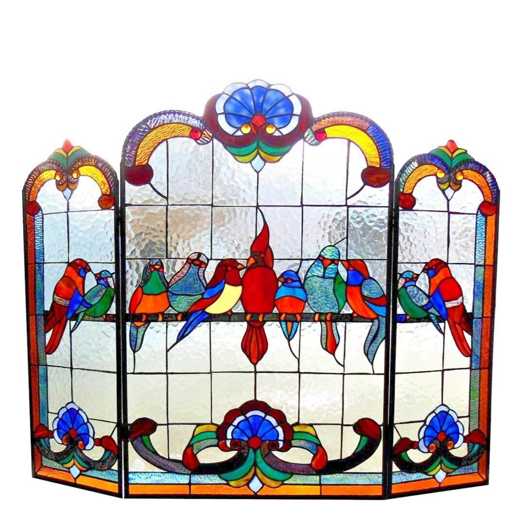 Fireplace Screen Tiffany Style Stained Glass 3 Section Gathering of Birds 32x40 gallery