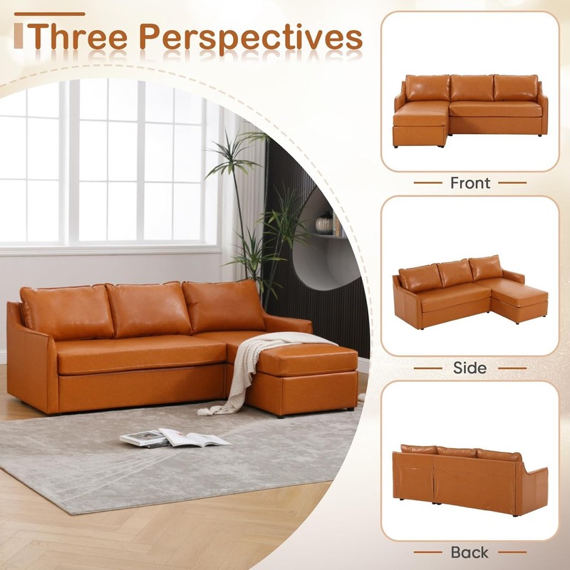 80.7" Convertible L-Shaped Sectional Sofa Faux Leather Storage Brown 3-Seater gallery