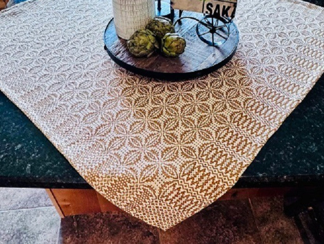 NEW PRIMITIVE TABLE SQUARE MUSTARD CREAM WOVEN 34" x 34" WICKFORD Farmhouse gallery