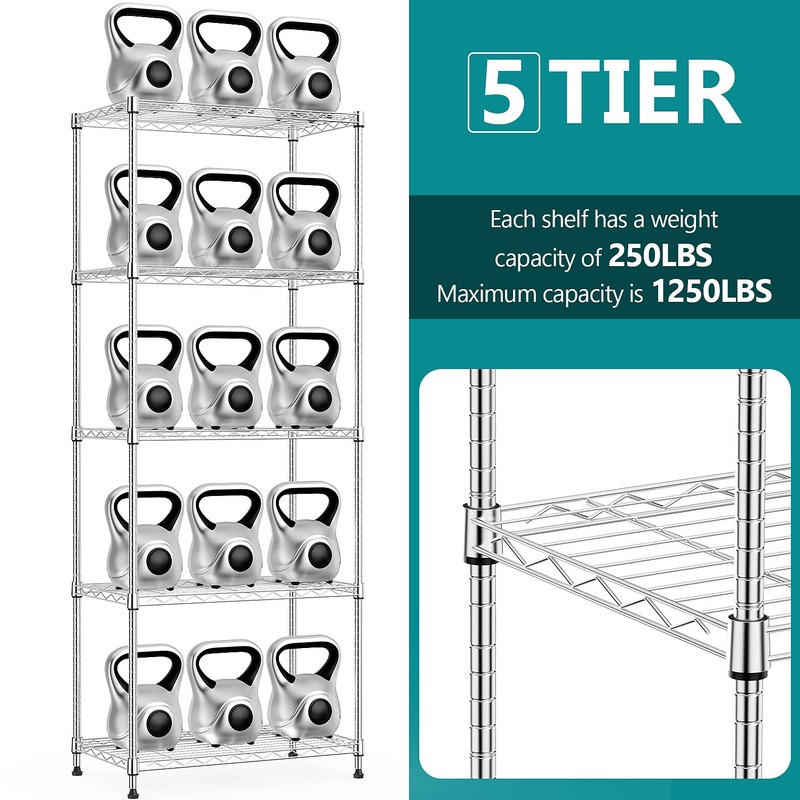 5 Tier Wire Storage Shelf Adjustable Heavy Duty Garage Shelving Kitchen Rack 63" gallery