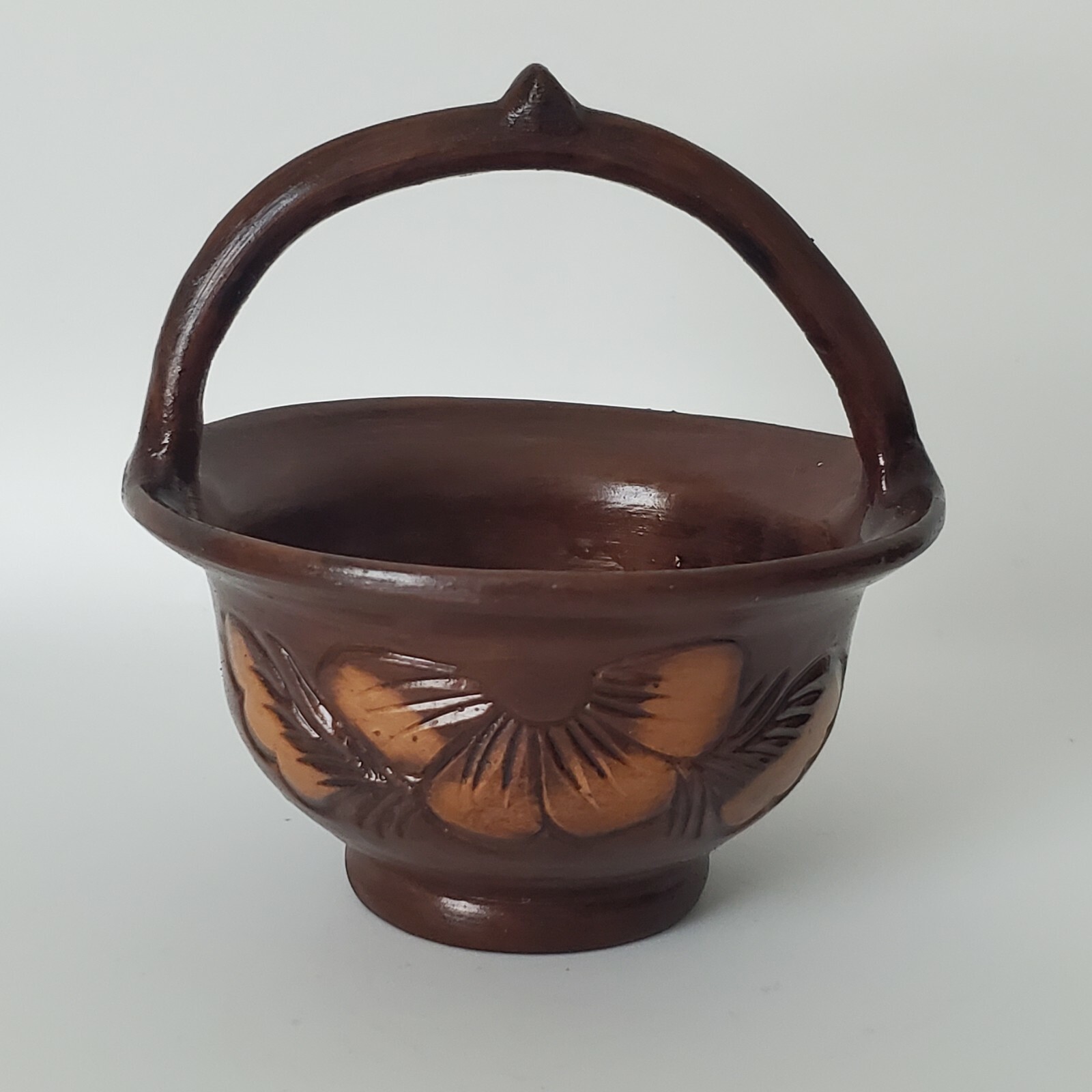 VTG KOROND Pottery Transylvania Decorative MiniBasket Planter HandCarved Signed gallery