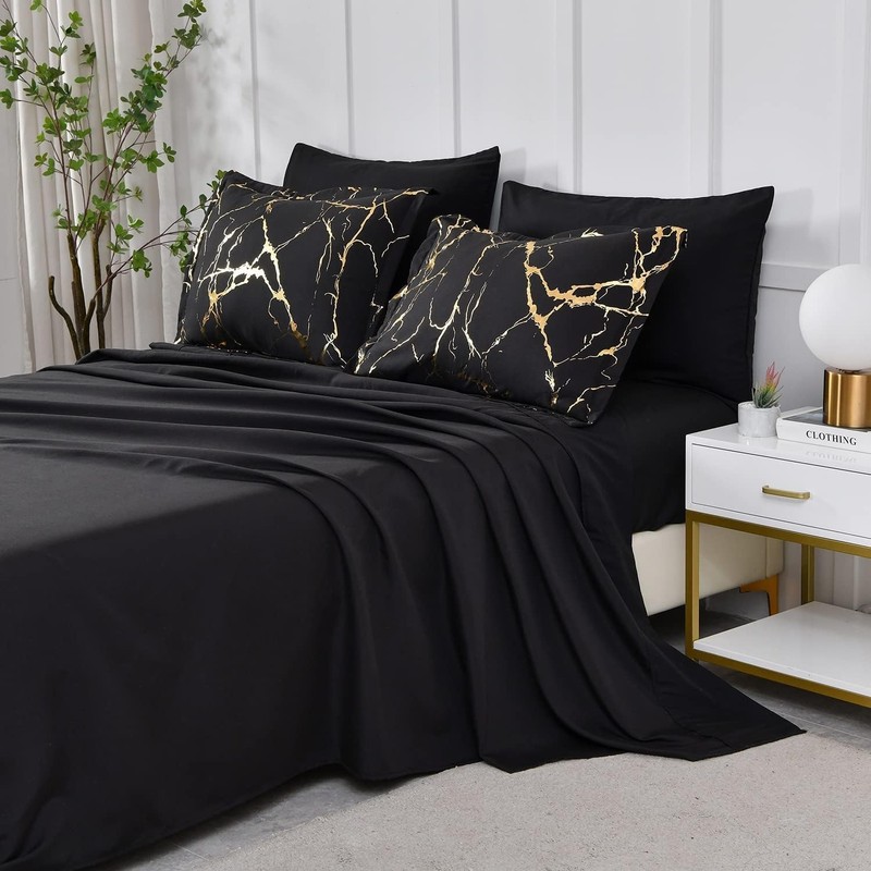 Gold Metallic Marble Comforter Set Queen Size,7 Piece Bed in a Bag,Foil Print... gallery