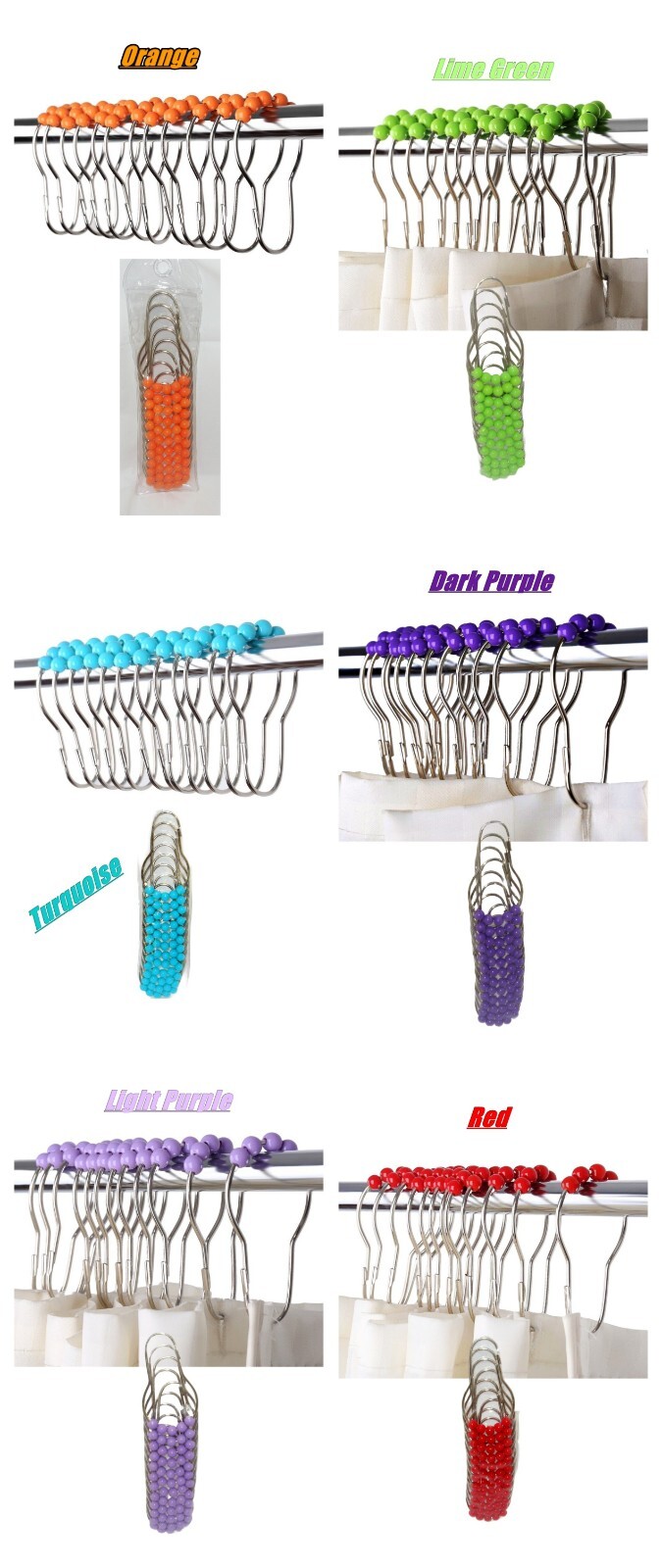 Beaded Easy Glide Shower Curtain Hooks, stainless steel shower rings 12pcs New gallery