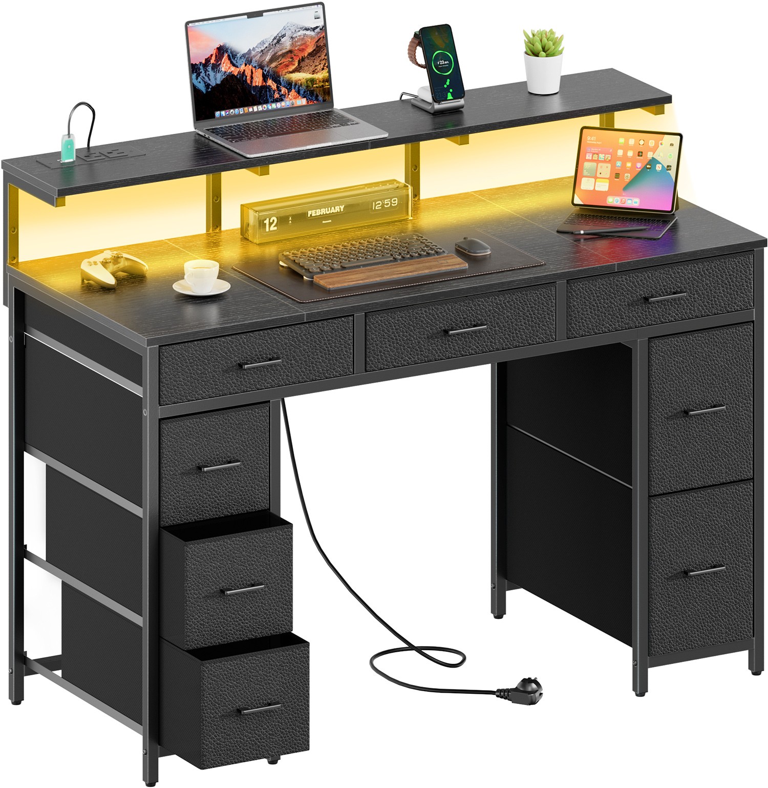 47 inch Computer Desk with 8 Drawers & Power Outlets, Home Office Desk with LED gallery