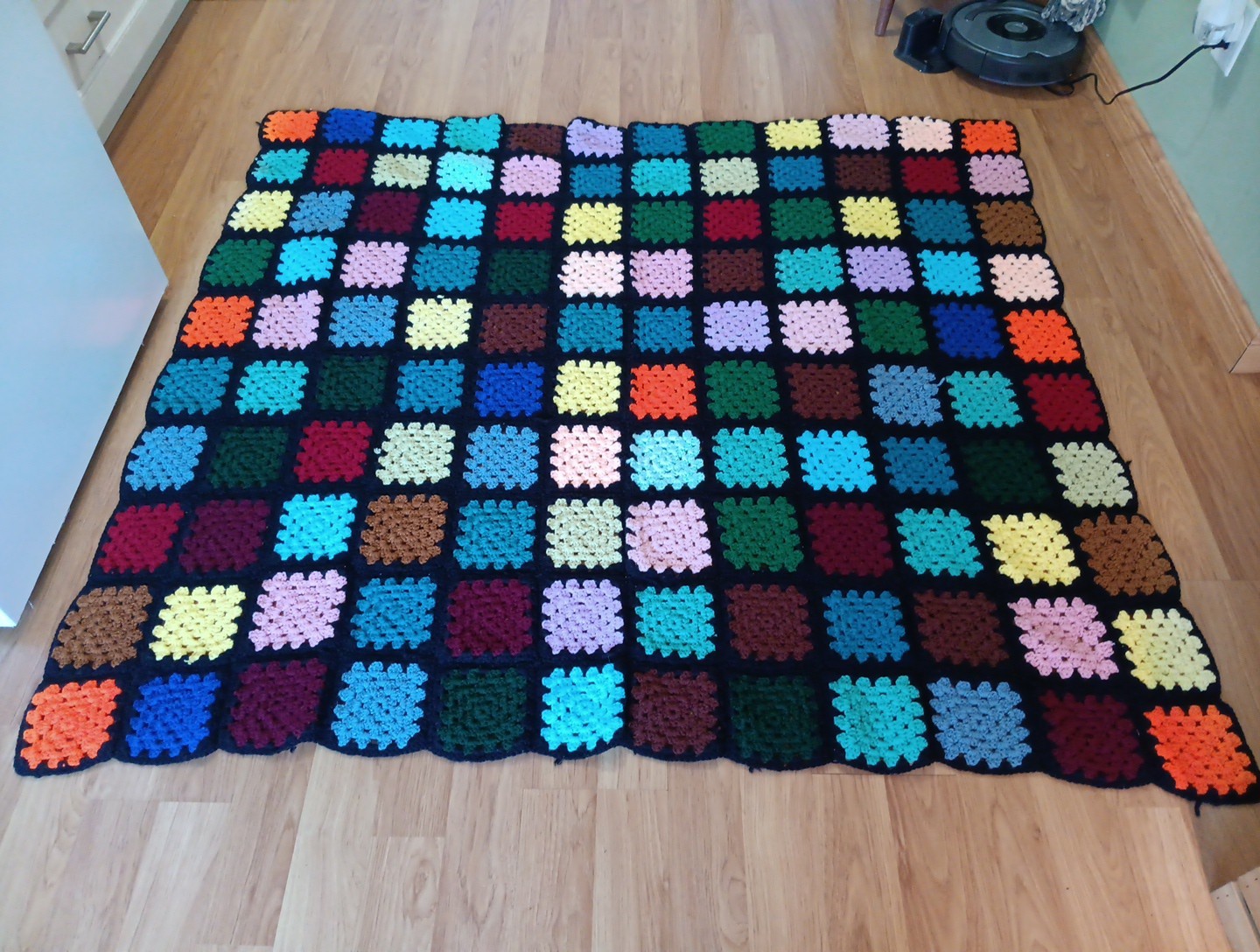 Vintage Classic Handmade Granny Square Afghan Blanket with Black Trim 66x62 gallery