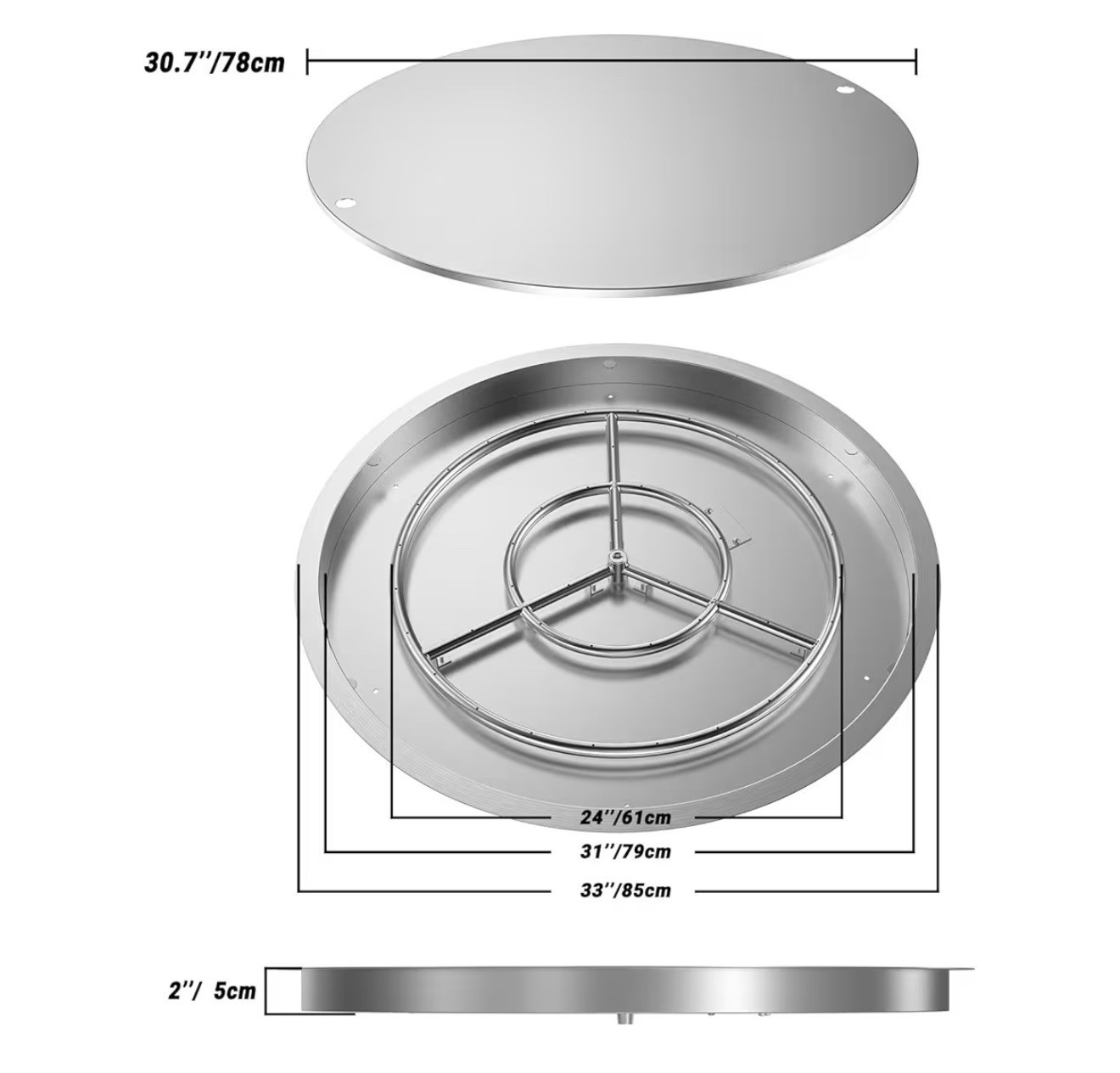 31” Round Stainless Steel Drop-in Fire Pit Pan Burner Kit w/ Cover gallery