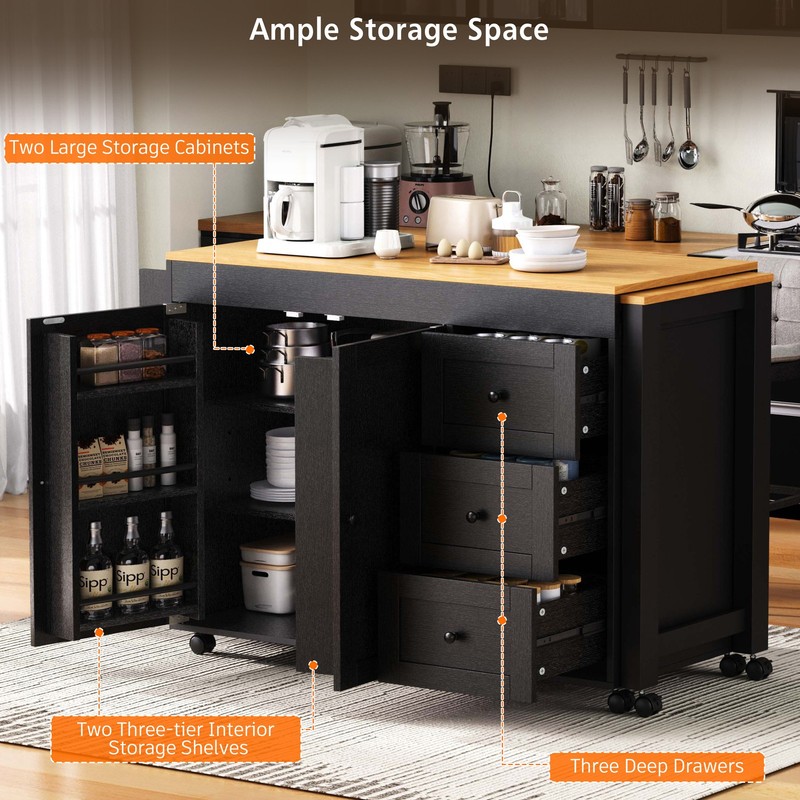 74.8 Inch Kitchen Island with Extendable Dining Table Rolling Storage Cart Power gallery