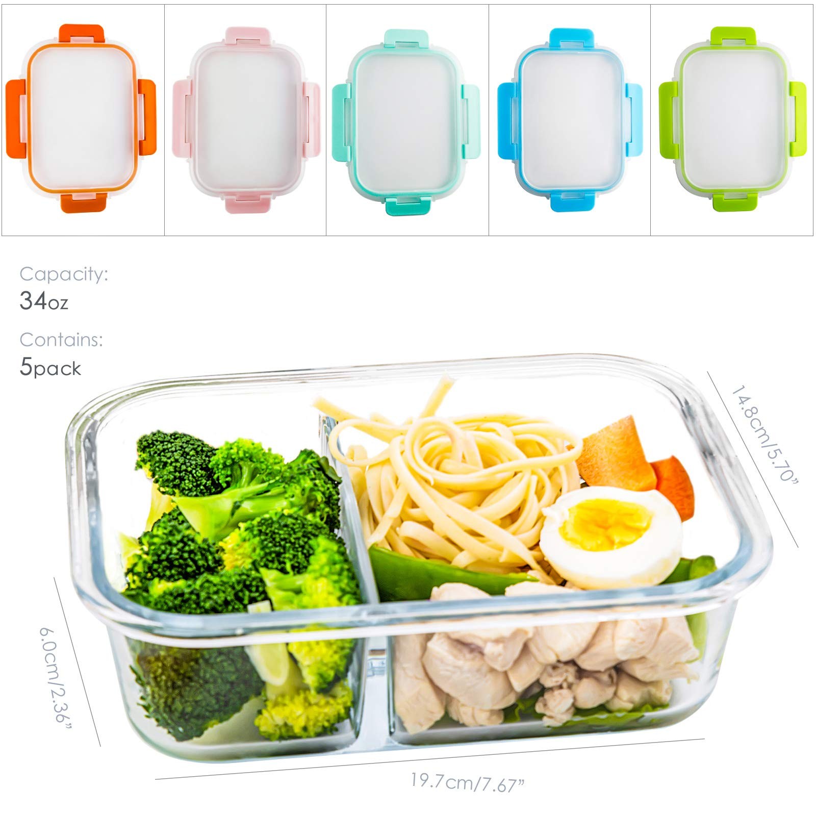 CREST Glass Meal Prep Containers 2 Compartment Set, 5-Pack, 34oz,Divided Bent... gallery