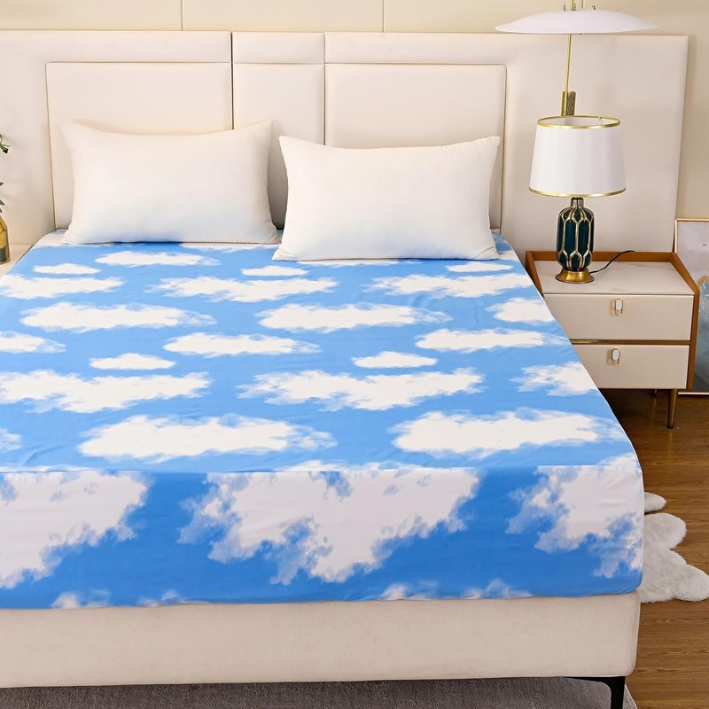 Sky Cloud Print Fitted Sheet Twin Size Deep Pocket Soft Polyester Bedding Cover gallery