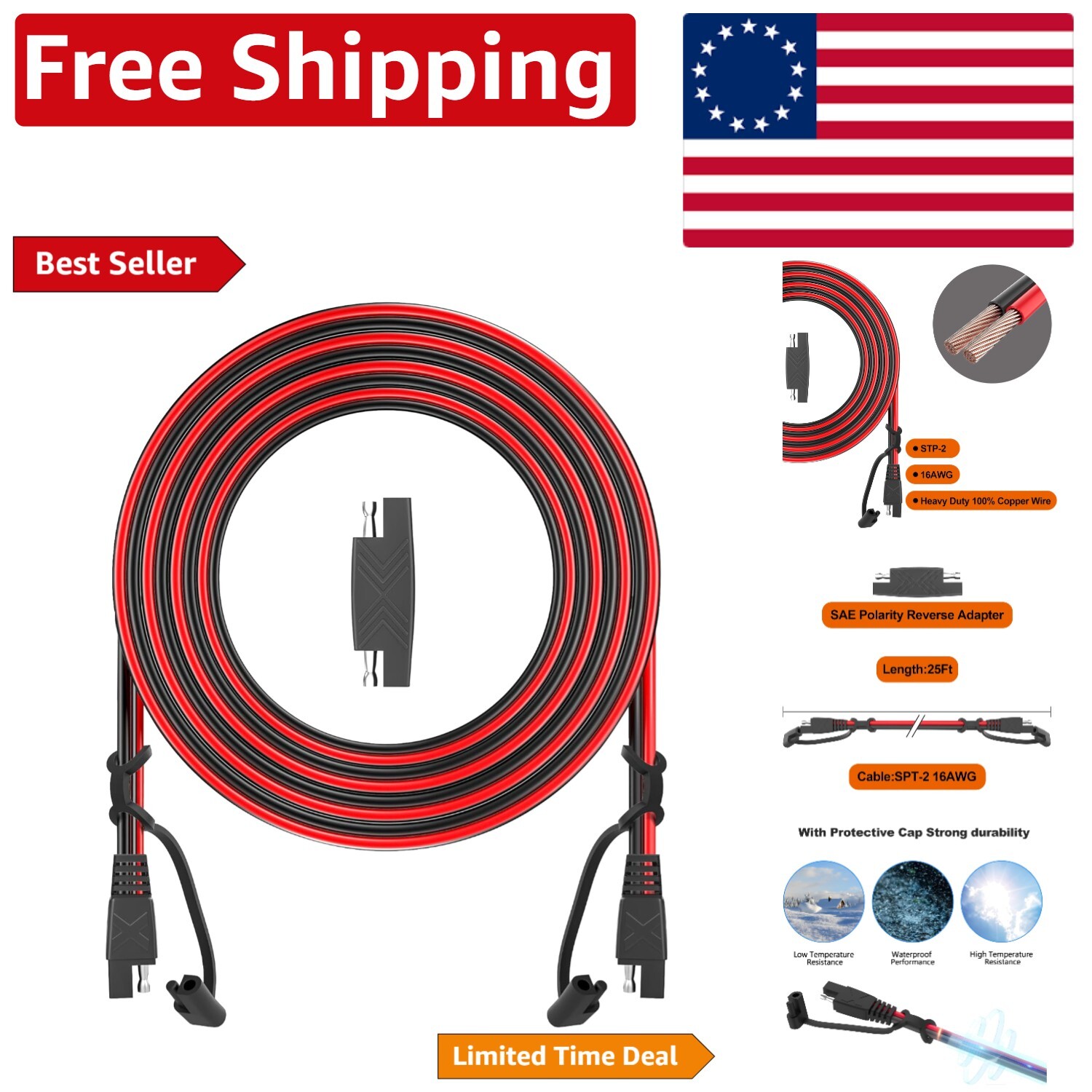 Versatile 16AWG SAE Extension Cable - Ideal for Automotive and Solar Battery Use gallery