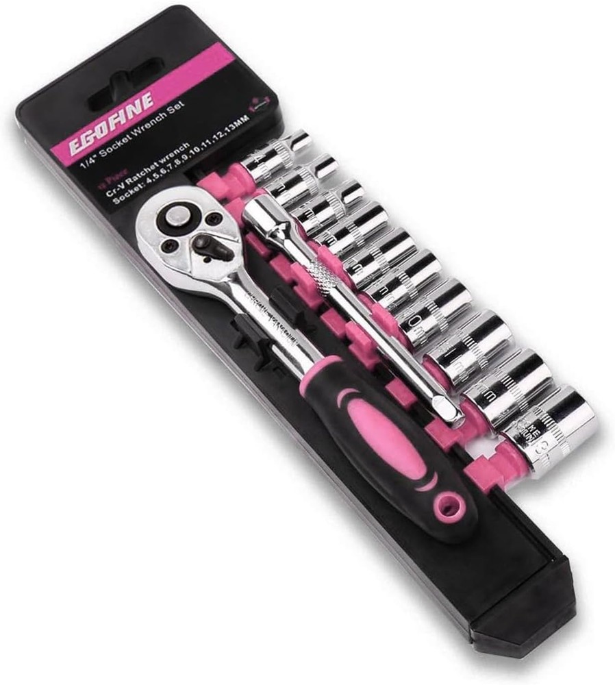 12pcs 1/4 Inch Mini Ratchet Socket Wrench Set Drive w/ 10 Sockets Pink
