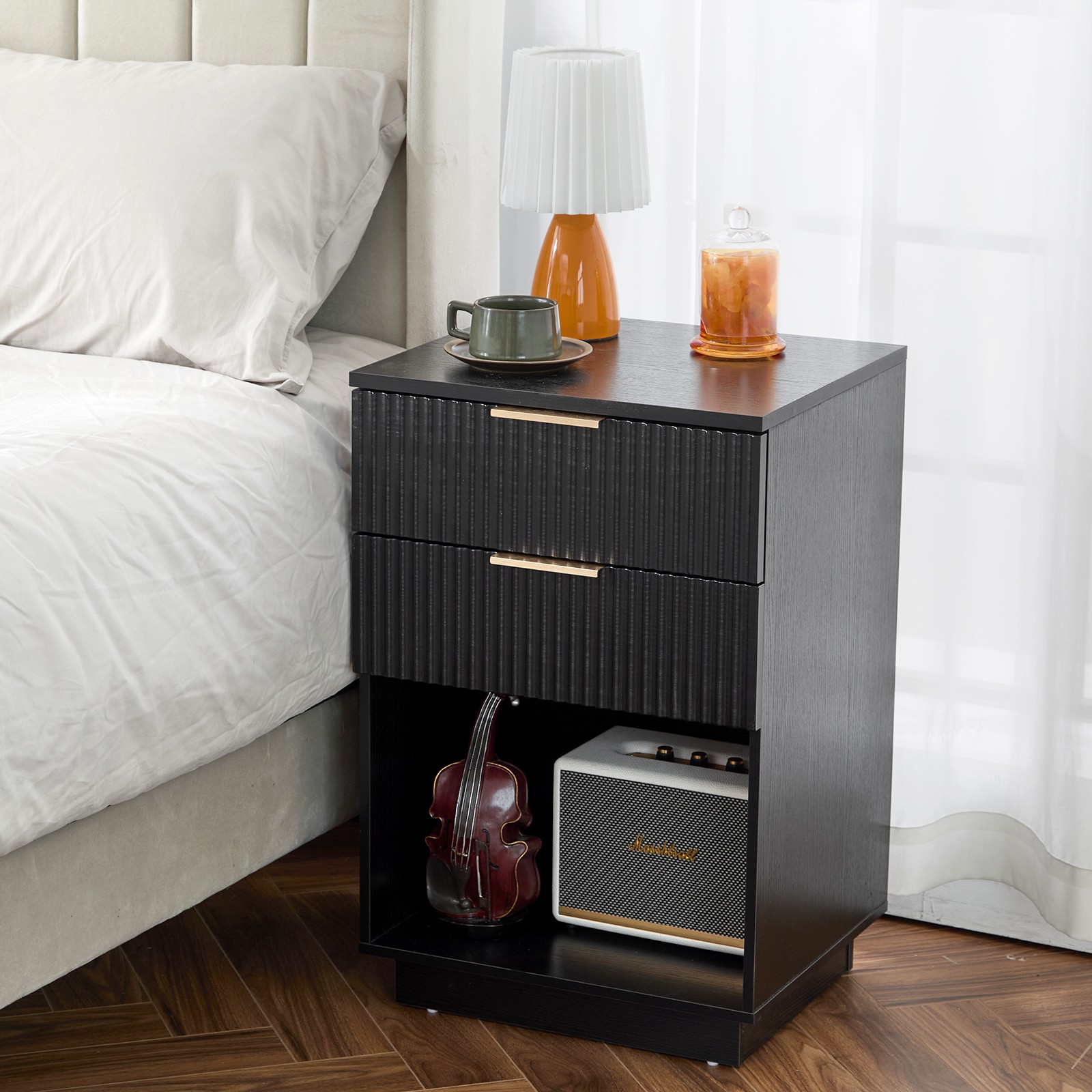 Black P2 Density Board Wavy Pattern Drawer Front Two-Drawer Bedside Cabinet gallery