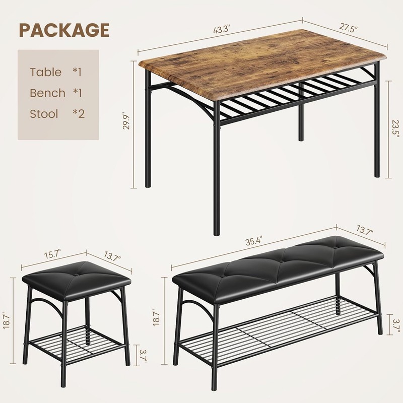 Dining Table Set for 4 Kitchen Table w/Upholstered Bench and Stools Storage Rack gallery