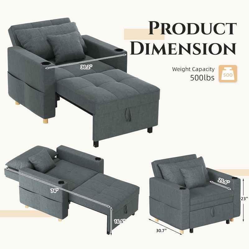 3-in-1 Pull Out Single Sofa 38" Extra Wide Convertible Sleeper Chair Chair Bed gallery