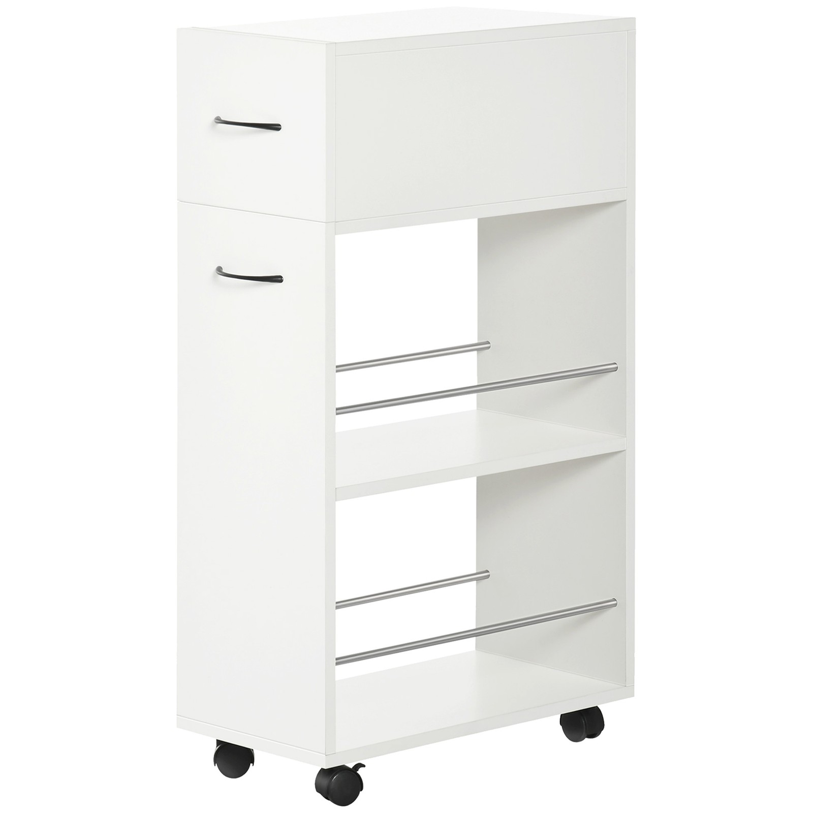 Slim Rolling Kitchen Cart w/ Drawer, 2 Shelves & Wheels, White gallery