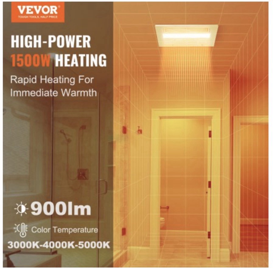VEVOR Ceiling Bathroom Exhaust Fan Heater LED Light Remote 1500W 110 CFM gallery