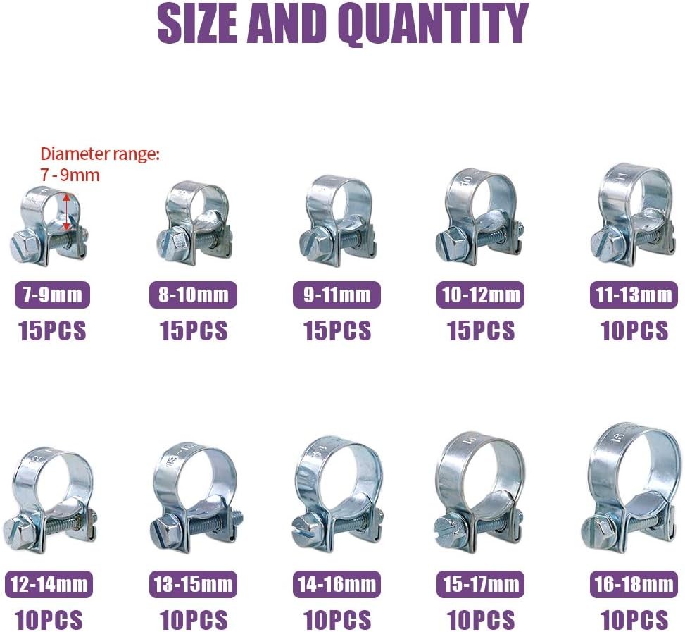 120Pcs 10 Sizes Zinc Plated Mini Fuel Injection Line Style Hose Clamp Assortment gallery