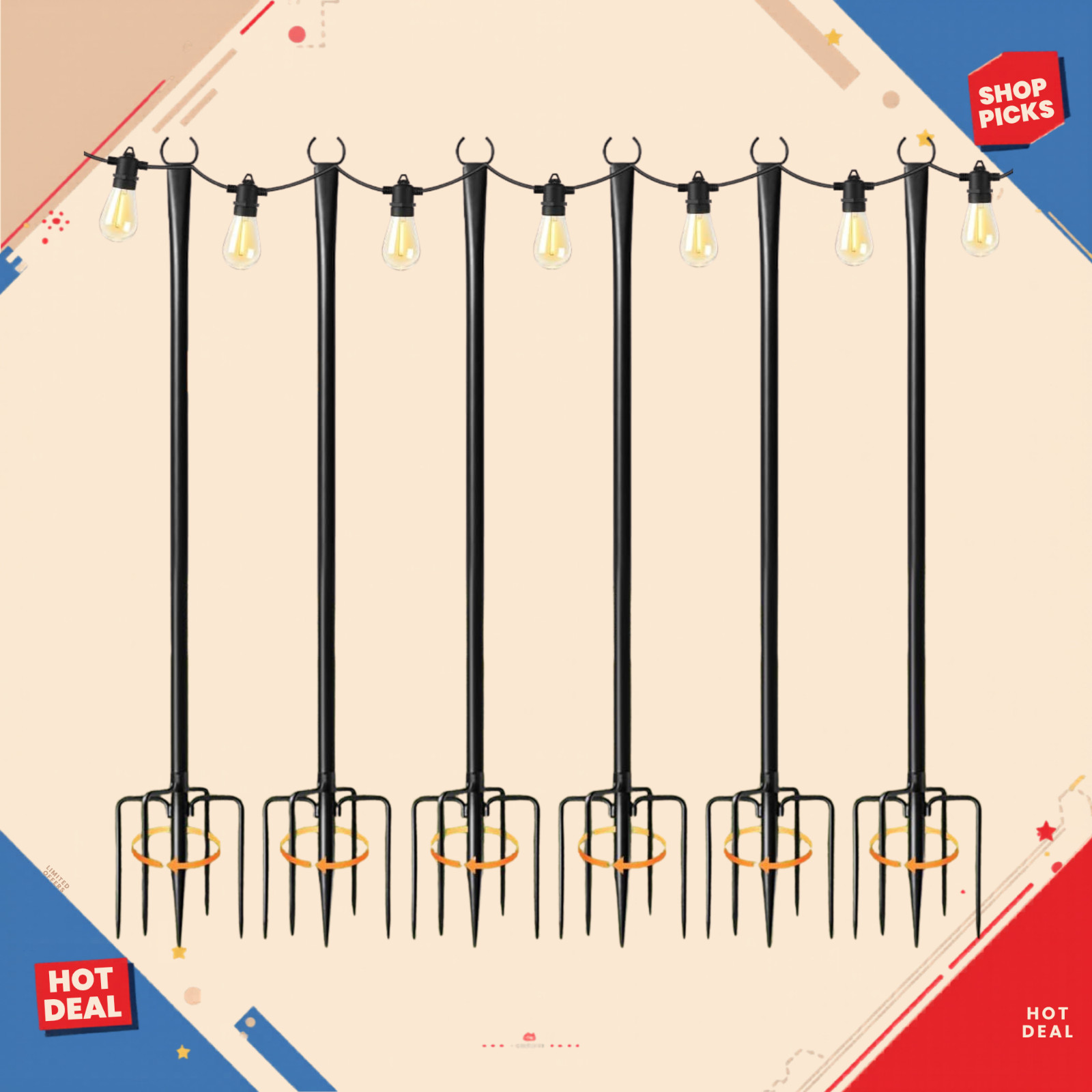 NEW 6 Pack 9FT String Light Poles Outdoor Metal Hanging Patio Garden Party gallery