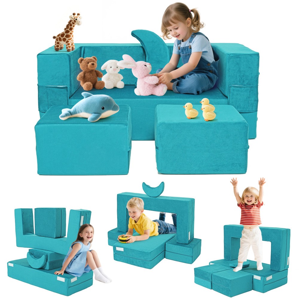 Kids Modular Play Couch, Foldable Velvet Foam Sofa & Convertible Toddler Fort gallery