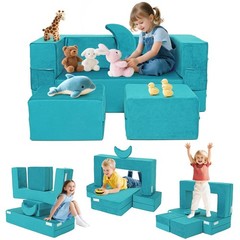 Kids Modular Play Couch, Foldable Velvet Foam Sofa & Convertible Toddler Fort