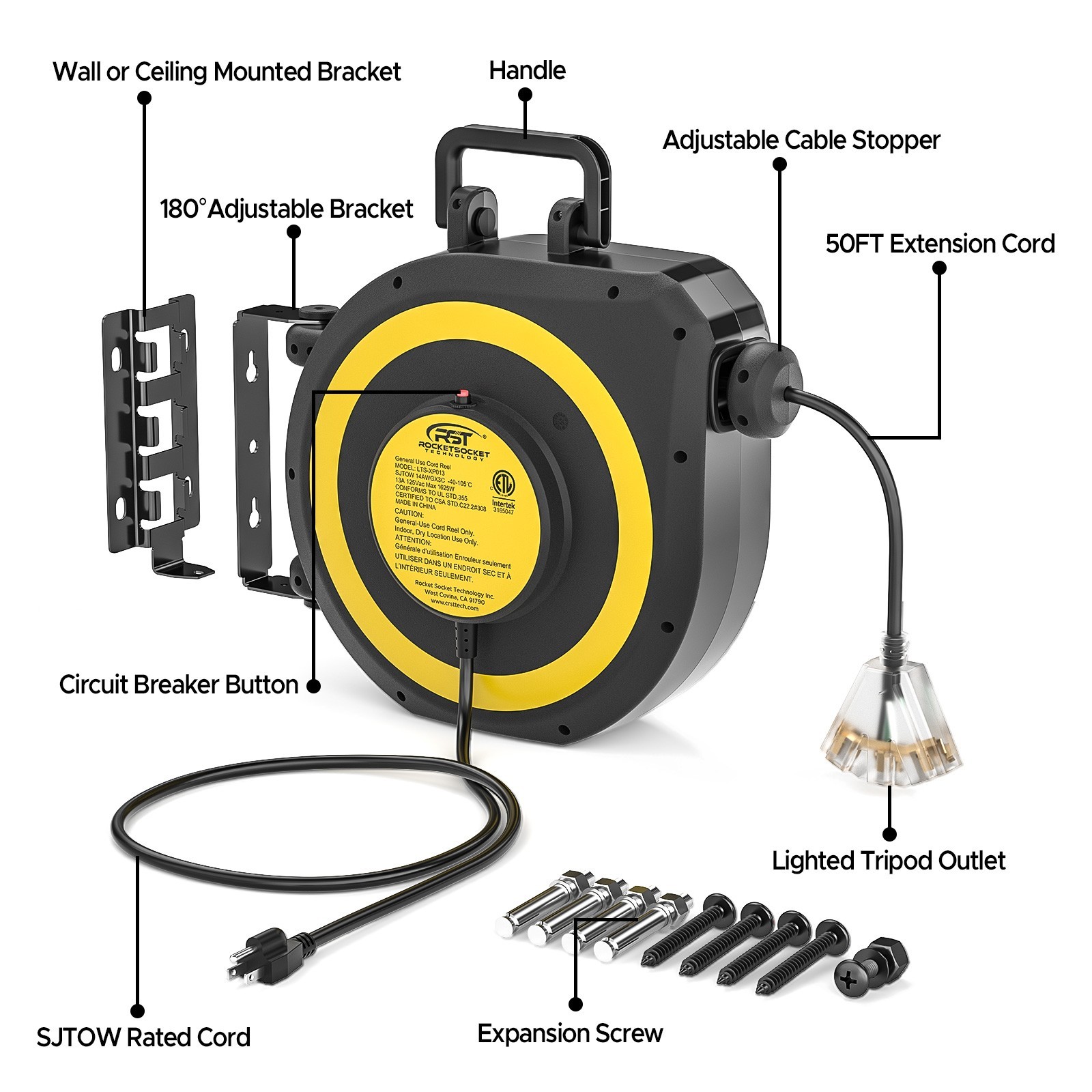 50FT Retractable Extension Cord Reel with Handle,3 Grounded Outlet Lighted/1625W gallery