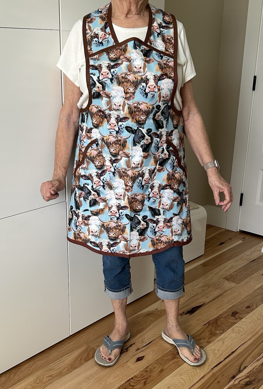 Handmade Bib Apron Highland Cows Print In Blues And Browns Waist 34” Fits 8-14 gallery