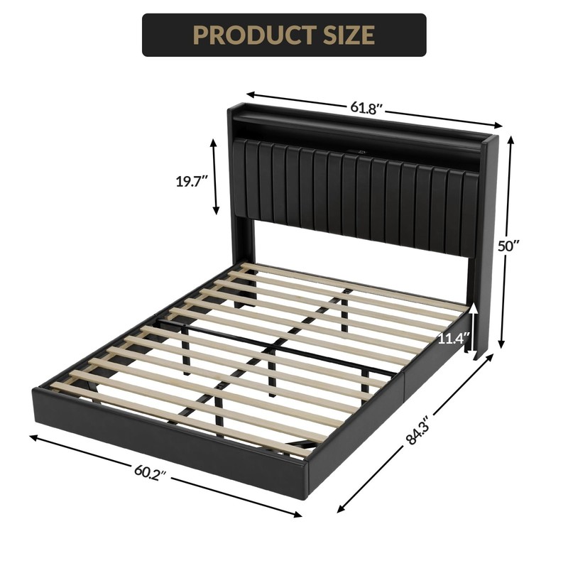Queen Size Floating Bed Frame with LED Lights Adjustable Upholstered Headboard gallery