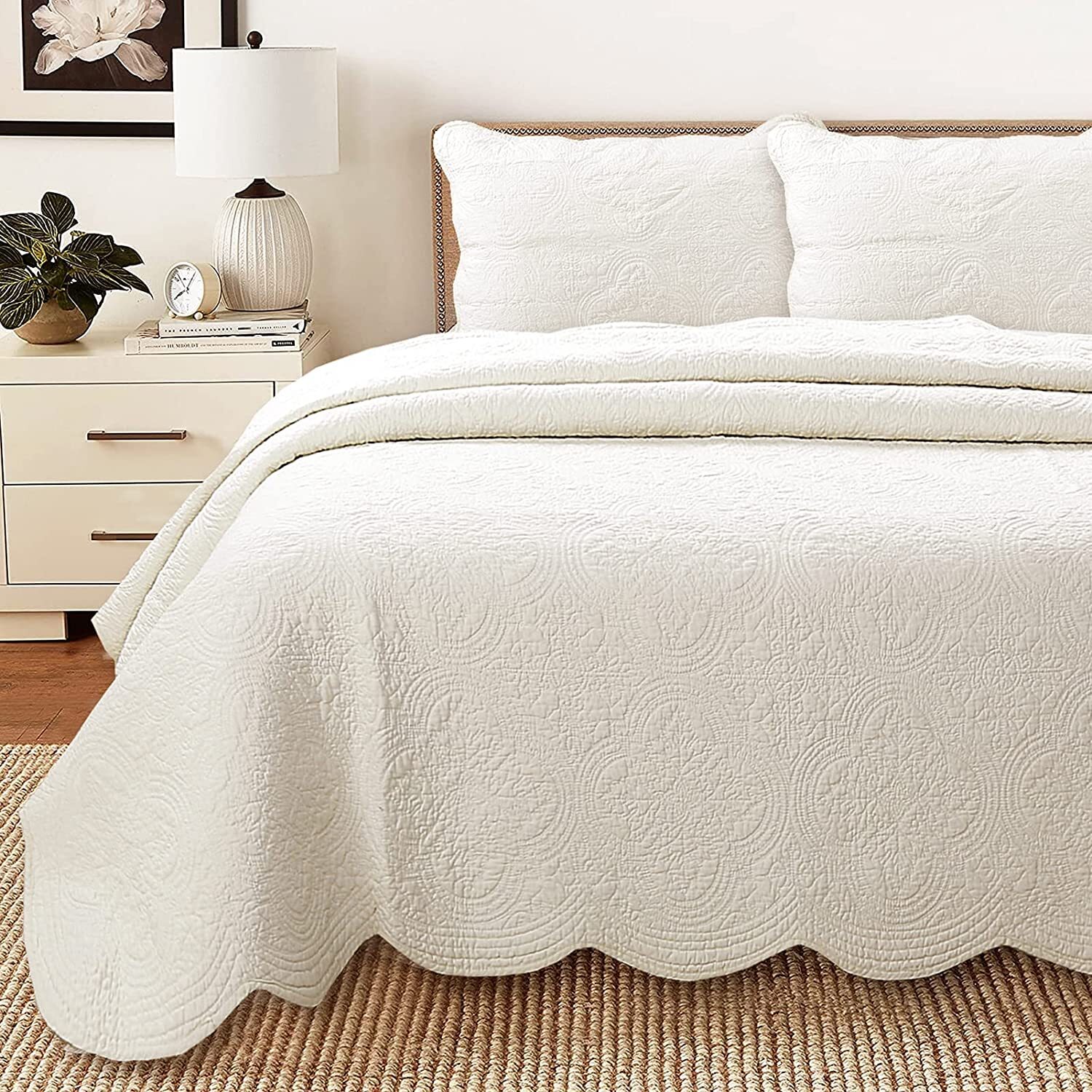 IVORY MATELASSE 100% Cotton QUILT SET : COZY MEDALLION BEAUTIFUL CHIC SHABBY gallery