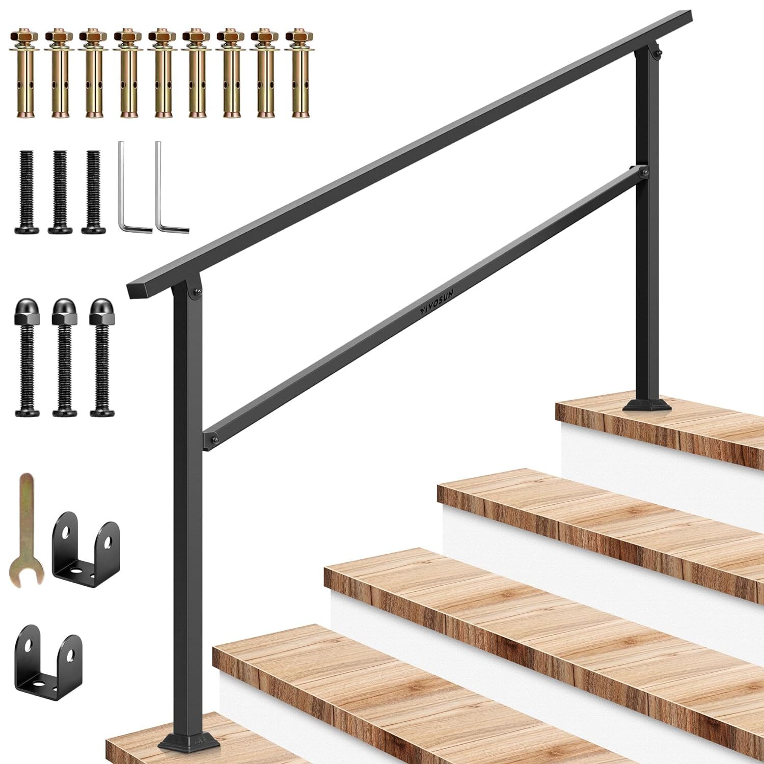 VIVOSUN Iron Outdoor Handrail, 4-5 Step Stair Railing,69"x36" Fits 1 to 5 Steps gallery