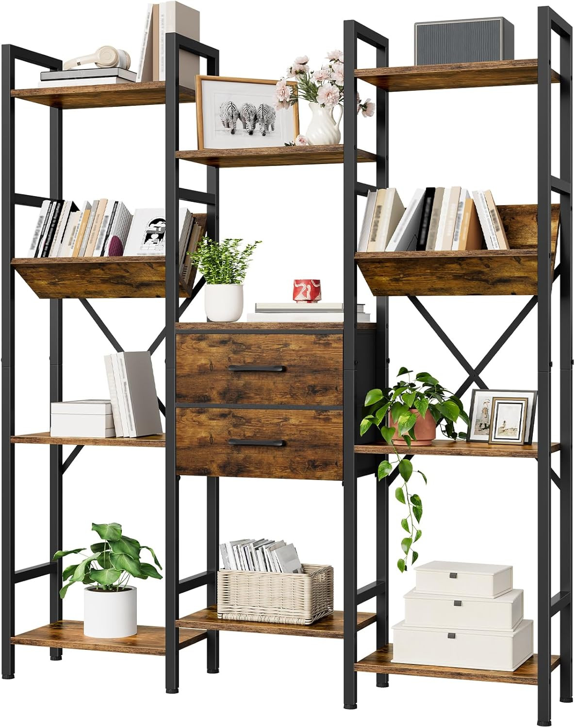 Rustic Brown & Black 3-Column Bookcase with Drawers and V-Shaped Shelves gallery