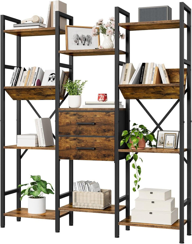 Rustic Brown & Black 3-Column Bookcase with Drawers and V-Shaped Shelves