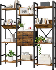Rustic Brown & Black 3-Column Bookcase with Drawers and V-Shaped Shelves