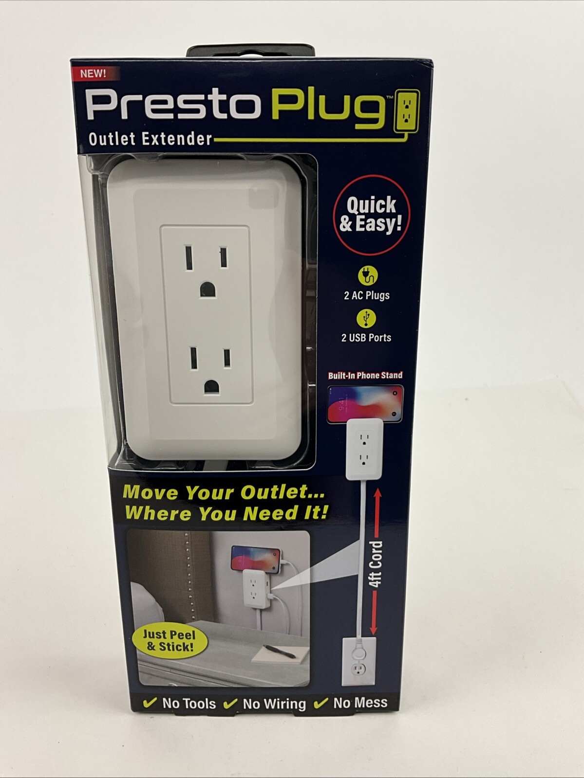Presto Plug Wall Outlet Extender 4 ft Cord Peel & Stick As Seen On TV 2 AC 2 USB gallery