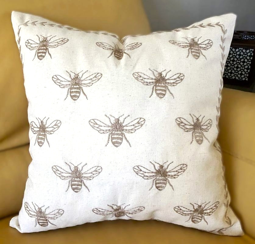 2 Sizes Off-White Beige Taupe Rustic Farmhouse Embroidered Bee Pillow Cover New gallery