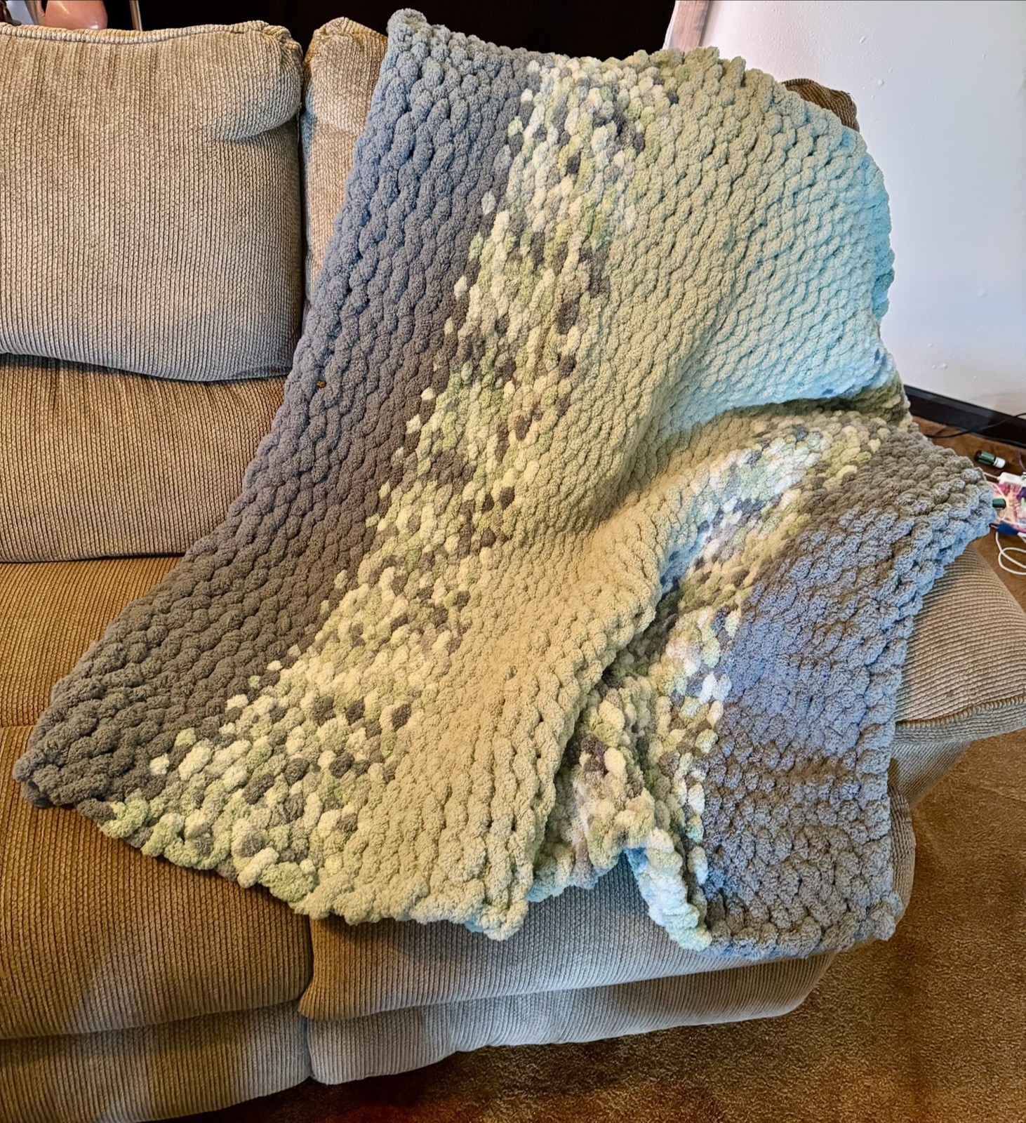 Crochet Striped Sofa Throw Blanket, Gray Blue Beige White Modern Rectangle gallery
