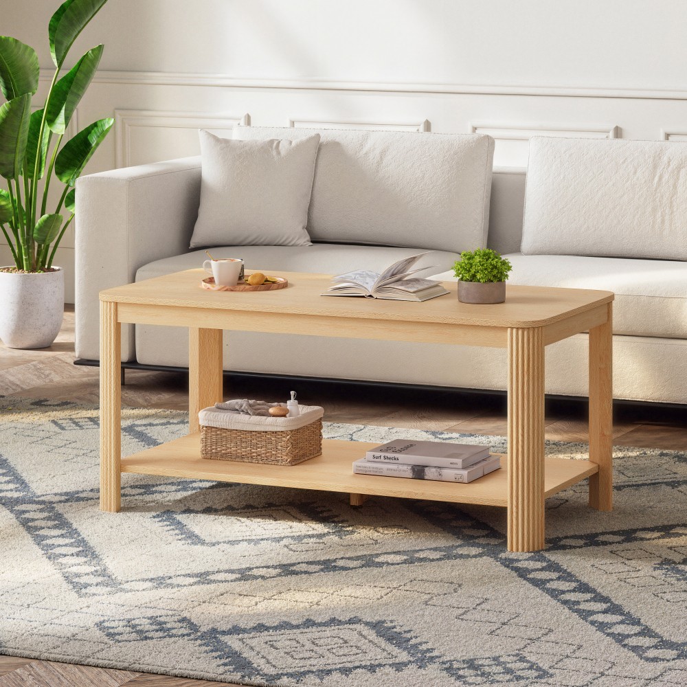 Arc Corner Wood Coffee Table with Storage Shelf – Vertical Wave Grain Legs, Ligh gallery