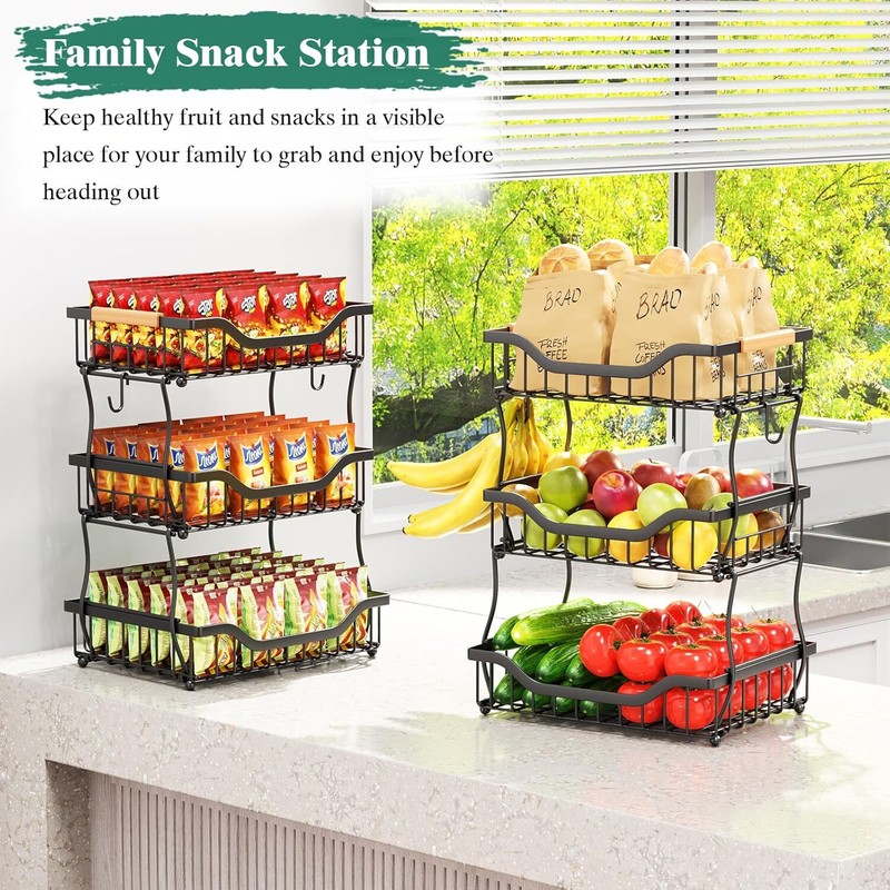 3-Tier Fruit Basket for Kitchen Counter, Wall Hanging Fruit Bowl with 2 Hangers gallery