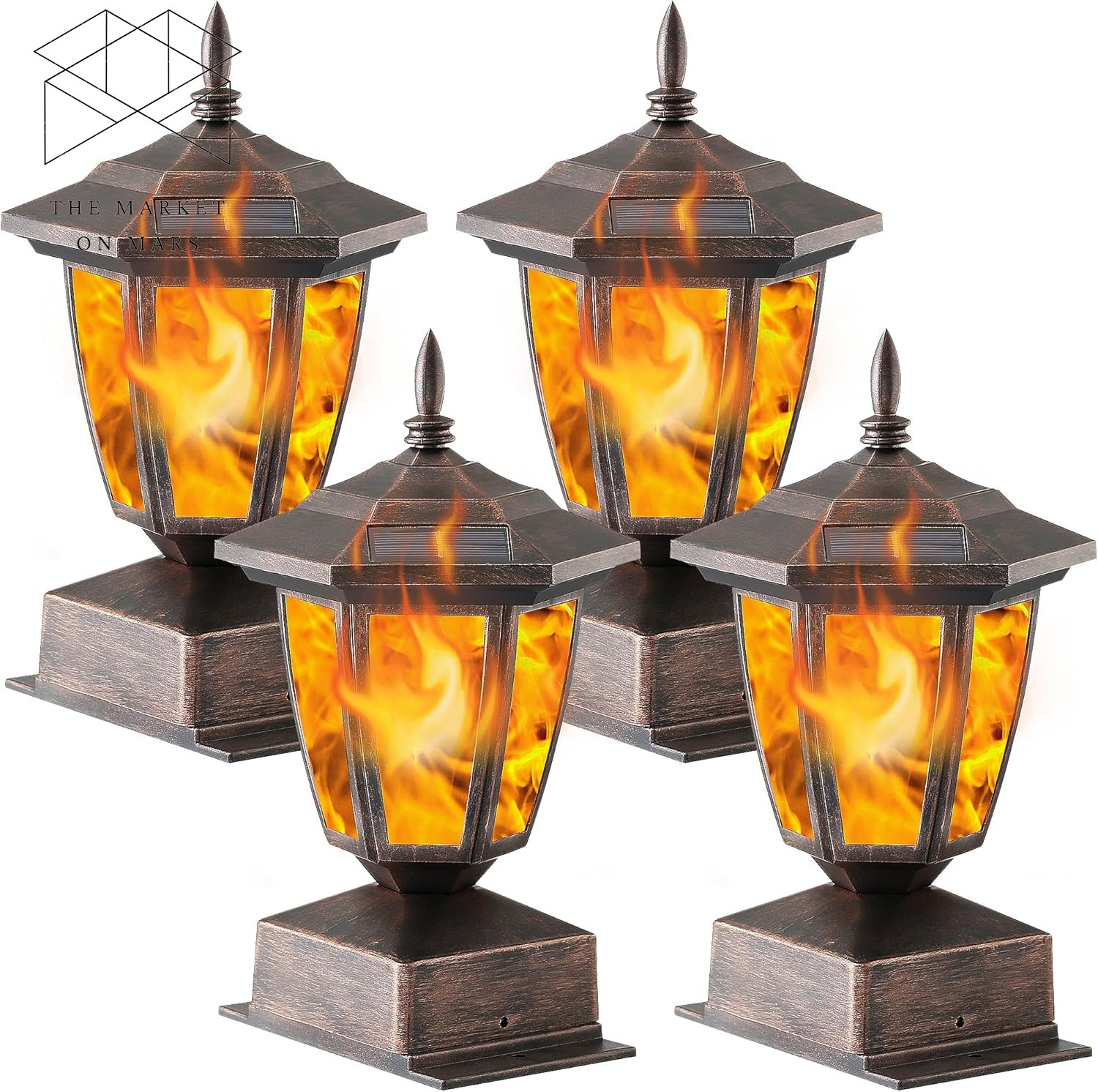 4 Pack Solar Flame Post Lights Outdoor, Solar Powered Lamps Fence Post Cap Light gallery