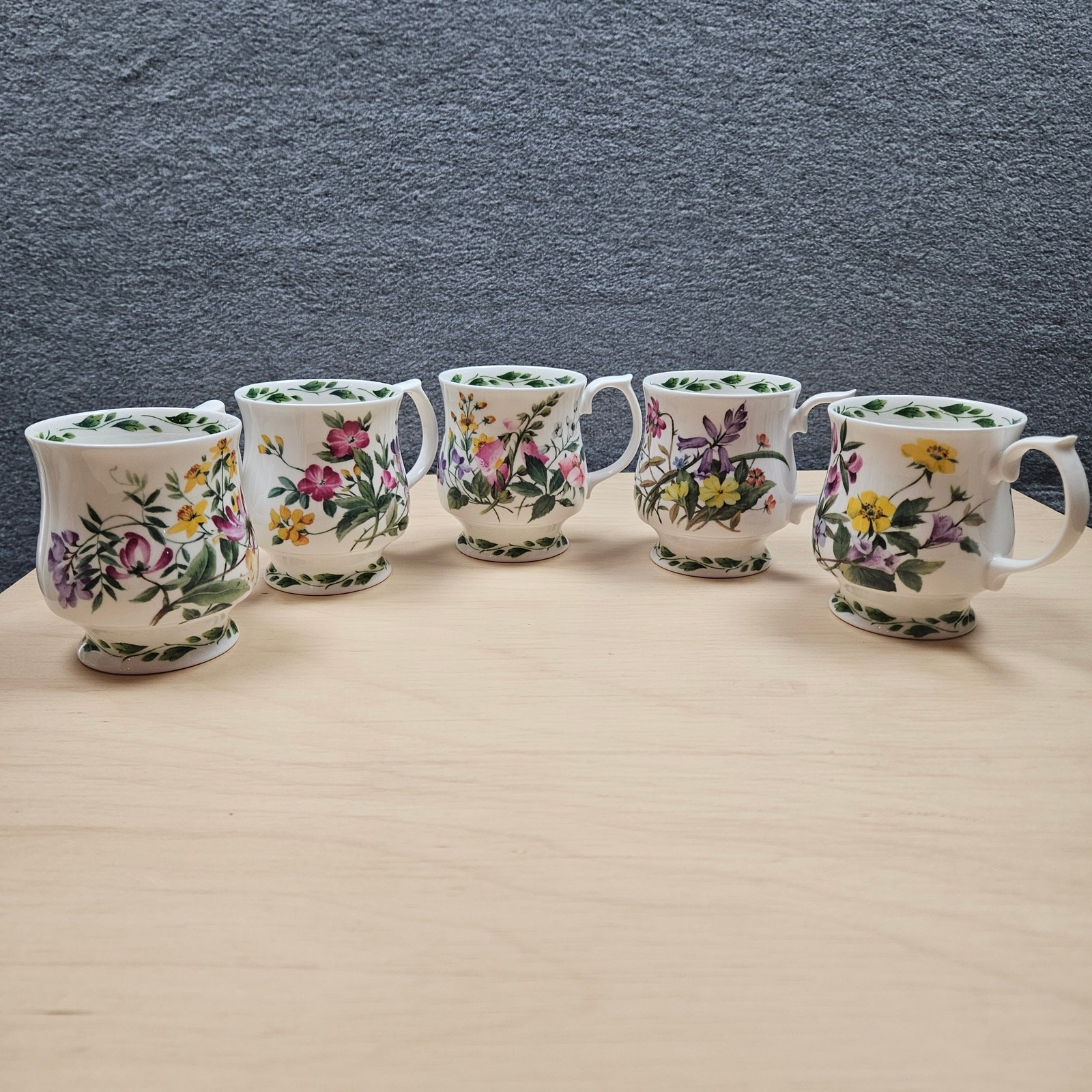 Vintage Queen's RHS Fine Bone China The Garden Footed Mugs Set of 5 England gallery